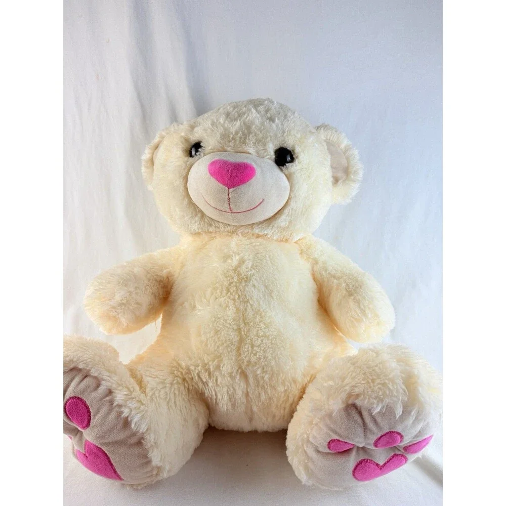 HugFun Teddy Bear Plush 21” Cream White Pink Heart Paws Soft Stuffed Animal